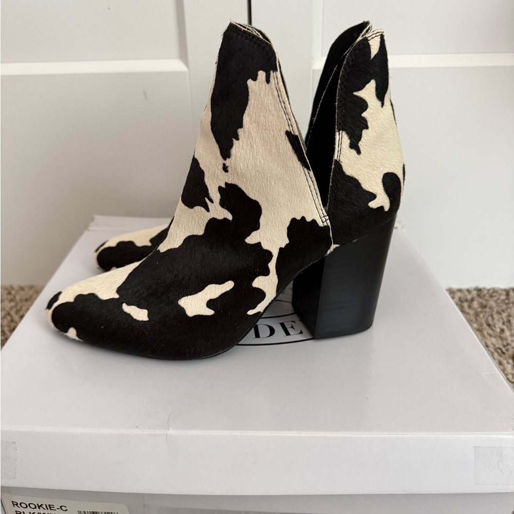 Steve Madden Black and Cream Cow-Print Block Heel Booties